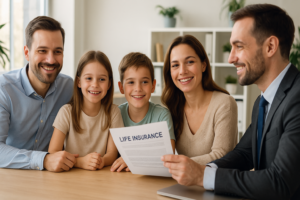 Rodzina z dziećmi i doradca finansowy omawiający polisę na życie