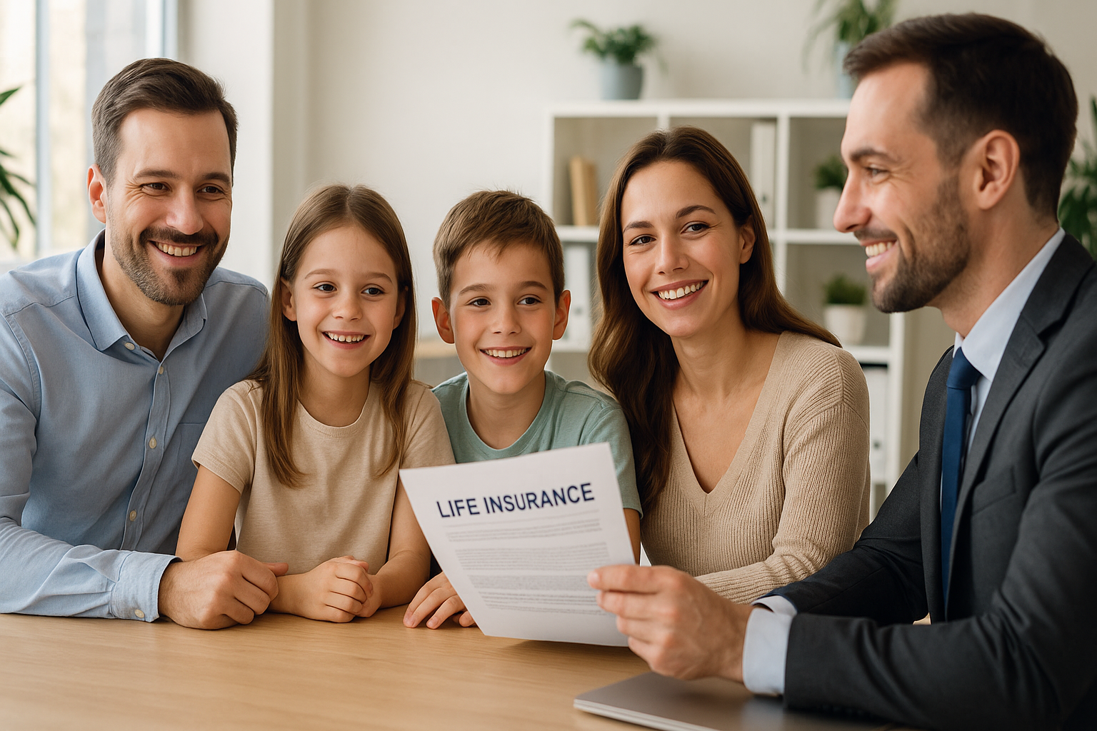 Rodzina z dziećmi i doradca finansowy omawiający polisę na życie