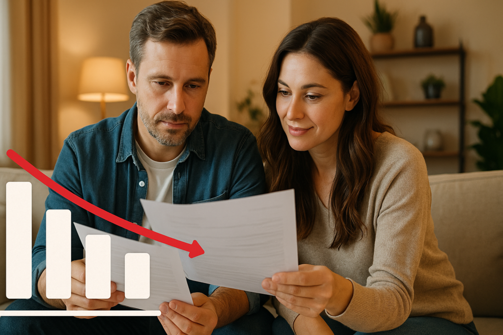 Para analizująca dokumenty kredytu hipotecznego i wykres pokazujący spadek raty